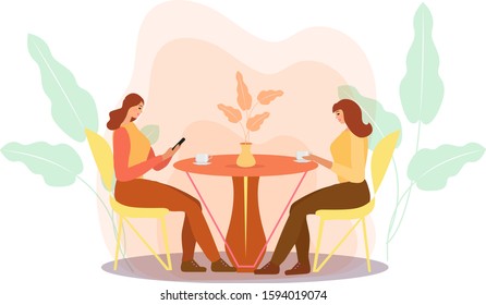 Girls are sitting at a table in a cafe drinking coffee. Women in a restaurant, friends communicate. Flat modern illustration. Vector