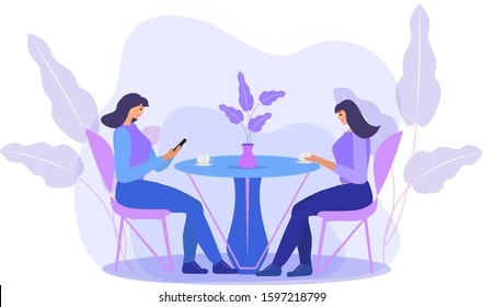 Girls are sitting at a table in a cafe drinking coffee. Women in a restaurant, friends communicate. Flat modern illustration. Vector