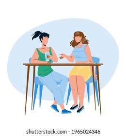 Girls Sitting At Table And Talking Together Vector. Young Women Drink Water And Talking, Gossip Or Business Meeting. Characters Ladies Friendship Or Partnership Flat Cartoon Illustration