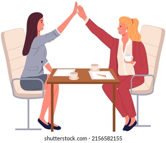 Girls sitting and talking. High five. Happy smiling women chatting and relaxing together. Business ladies during day off having rest at home. Recreation with friends, friendship. Give me five concept