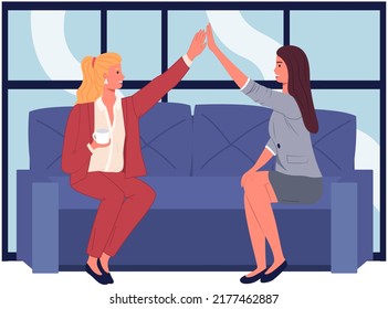 Girls sitting and talking. High five. Happy smiling women chatting and relaxing together. Business ladies during day off having rest at home. Recreation with friends, friendship. Give me five concept