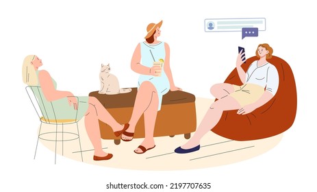 Girls sitting together, drinking and read messages. Three female friends and cute cat. Isolated cartoon women talking, vector friendship and weekend concept