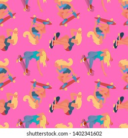Girls skateboarders pattern. Flat vector seamless pattern. Cool girls ride on skateboard, pink background. For textile, promo of goods for skateboarding sport. 