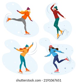 girls skating on ice in winter in a blue,green, orange hat on a blue background