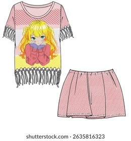 girls skirt and t-shirt design. anime pattern design, fabric pattern design, fashion clothes and more