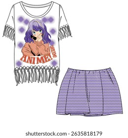 girls skirt and t-shirt design. anime pattern design, fabric pattern design, fashion clothes and more