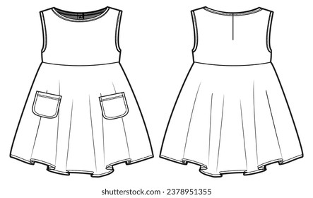 Girl's sleeveless baby doll dress design flat sketch fashion illustration vector template with front and back view,  Toddler baby girl frock dress with pockets cad drawing