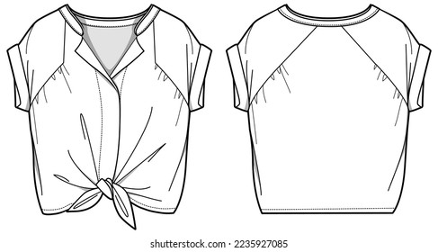 Chicas sin mangas Blouse con nudo trenzado superior diseño dibujo plano de moda modelo de dibujo vectorial plantilla con vista frontal y posterior, blusa de niña pequeña bebé bebé