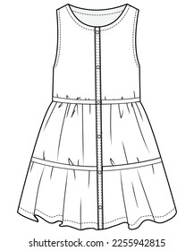 Mädchenärmelknopf am gestuften Tankkleid flache Skizze Vektorgrafik Gelegenheitsommer Mittelsommer-Mendelschachtel