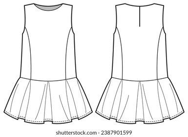 Girl's schlaflose Tropfen Strickkleid Design flache Sketch-Skizze, Vektorvorlage mit Vorder- und Rückansicht, Kindermädchen-Drop-Taille-Taille Taille-Kürschenkopfzeichnung