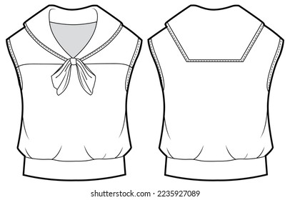 Mädchen schlaflose Sailor Kragen Blouse Top-Design flache Skizze Mode-Illustration Vektorvorlage mit Vorder- und Rückansicht, Kleinkind-Girl-Bluse