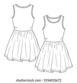 Girls Sleeveless Summer dress flat sketch fashion template. Teen Knit dress Technical Fashion Illustration. 