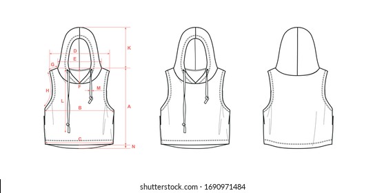 Tapa sin mangas de la chica con capucha y cuerda, hem alto-bajo, boceto plano, vistas frontal y posterior, con medidas