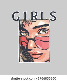 girls slogan with close up face comic girl in sunglasses vector illustration