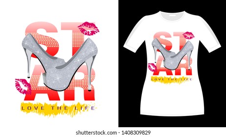 Girls slogan print shirt. fashionable glamorous composition. Pair high-heeled shoes. Realistic 3d vector illustration.