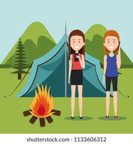 girls with smartphones in the camping zone