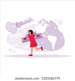 Girls smile cheerfully, play in astronaut costumes, and dream of becoming spacemen. Trend Modern vector flat illustration.