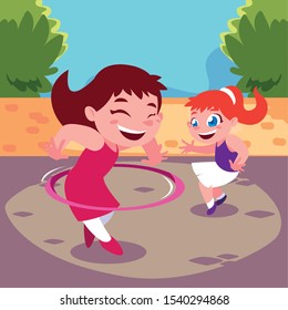girls smiling and playing with hula hoop vector illustration design