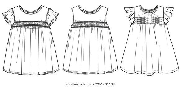 Chicas Vestidos Ahumados Set Moda Ilustración, Vector, CAD, Dibujo Técnico, Plano Plano, Plantilla, Tragedia.