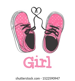 Girls sneakers hand drawing. Pink polka dot coloring. Print Design - It's a girl. Vector illustration of a pair of baby shoes isolated on a white background.