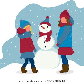 girls with snowmen flat vector, winter actives, holidays