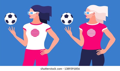 Girls with a soccer ball, two female characters, a brunette and a blonde. Fitness trainer, fitness instructor, physical education teacher or football lover. Vector illustration