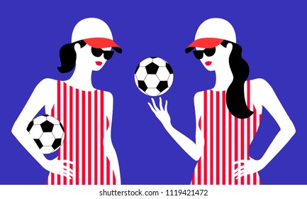 Girls With Soccer Ball, Wearing Striped Dress, Baseball Cap And Sunglasses. Fitness Coach, Fitness Instructor, Physical Education Teacher, Football Fan Girl. Vector Illustration