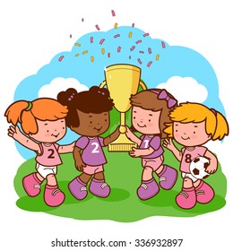 Girls soccer player champions holding a trophy at the football field. Vector illustration
