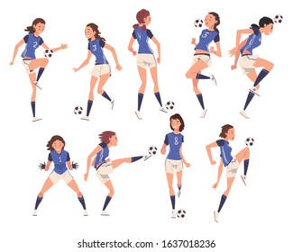 Girls Soccer Players Characters Collection, Young Women in Sports Uniform Playing Football, Female Athletes Kicking the Ball Vector Illustration