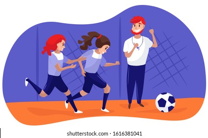 Girls soccer team. Couch with ball. Cartoon vector illustration with blue background. Teenager football 