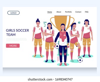 Plantilla del sitio web vectorial del equipo de fútbol femenino, diseño de página de inicio para el desarrollo de sitios web y móviles. El equipo femenino ganador de fútbol con la copa trofeo de oro.