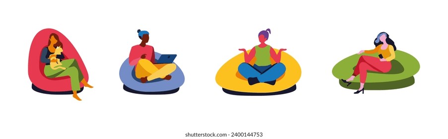 Girls in soft chairs, bright vector illustration, Not AI, hand drawn for design