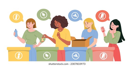 Girls sorting waste. Women near colorful trashcans for recycling and reuse. Caring for nature and environment, zero waste lifestyle. Plastic, paper, organic and metal. Cartoon flat vector illustration