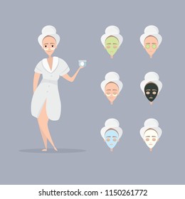 Girls at the spa salon and faces with different masks.