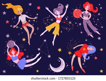 Girls in space. Night sky, planets and stars. Space set. Girls in pajamas.