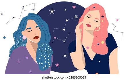 Girls in space style. Star pattern from the planets. Vector space portrait of a girl in a profile for printing on the wall, T-shirts, tattoos, for publications in social networks and stories