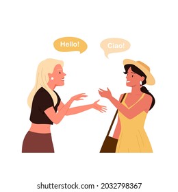 Girls speak different languages, multilingual dialog, conversation with chat bubbles