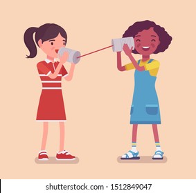 Girls speaking by tin can telephone. Two friends playing in phone with self made speech transmitting device, kids have fun speaking, science game and activities. Vector flat style cartoon illustration