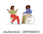 Girls spend time together. Two black woman talk at business meeting. Colleagues have coffee break. Disability female person drinks coffee with her friend. Vector illustration