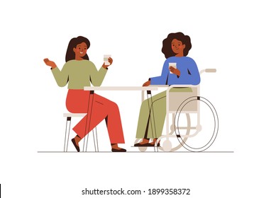 Girls spend time together. Two black woman talk at business meeting. Colleagues have coffee break. Disability female person drinks coffee with her friend. Vector illustration