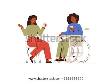 Girls spend time together. Two black woman talk at business meeting. Colleagues have coffee break. Disability female person drinks coffee with her friend. Vector illustration