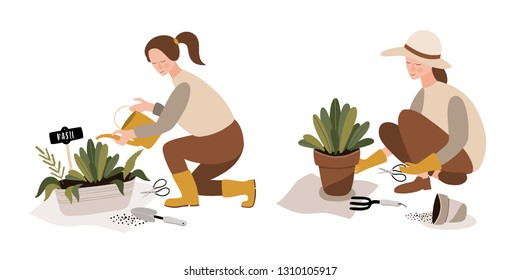 Girls spending time at greenhouse or home garden with plants growing in pots. Young woman caring for houseplants. Trendy vector illustration in flat cartoon style.
