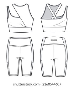 Girl's Sport Bra and Cycling shorts fashion flat  sketch template. Women's Active wear Crop top and Leggings technical fashion illustration, front and back view, white. Fashion cad template. 