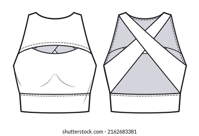 Girl's Sport Bra fashion flat  sketch template. Women's active wear Crop Top technical fashion illustration, front and back view, white. Tank Top fashion cad.