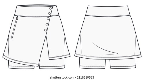 Girls Sport Skirt fashion flat drawing template. Sports wear fashion design set.  Womens Sport Shorts fashion sketch template. Sportswear template.