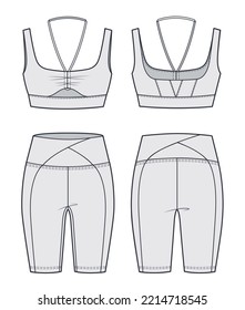 Girl's sport strappy Bra and Cycling Short technical fashion Illustration. Women's Crop Top and Leggings fashion flat technical drawing template, front, back view, grey, CAD mockup set.