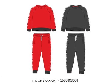 Girls Sport Suit Set Long Sleeve Shirt And Top. Joggers Pants Template Textile Pattern Design