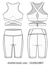 Girls Sports Bra and Cycling shorts fashion flat  sketch template. Women Active wear Crop top and Leggings technical fashion illustration. Front and back view. Outline fashion technical sketch set.