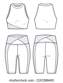 Girl's Sports Bra and Cycling Shorts fashion flat sketch template. Women's Crop Top and Short Leggings technical fashion illustration, front and back view, white colour, CAD mockup, set.