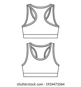 Girls Sports Bra Fashion Flat Sketch Template. Women Active Wear Crop Tank Top Technical Fashion Illustration